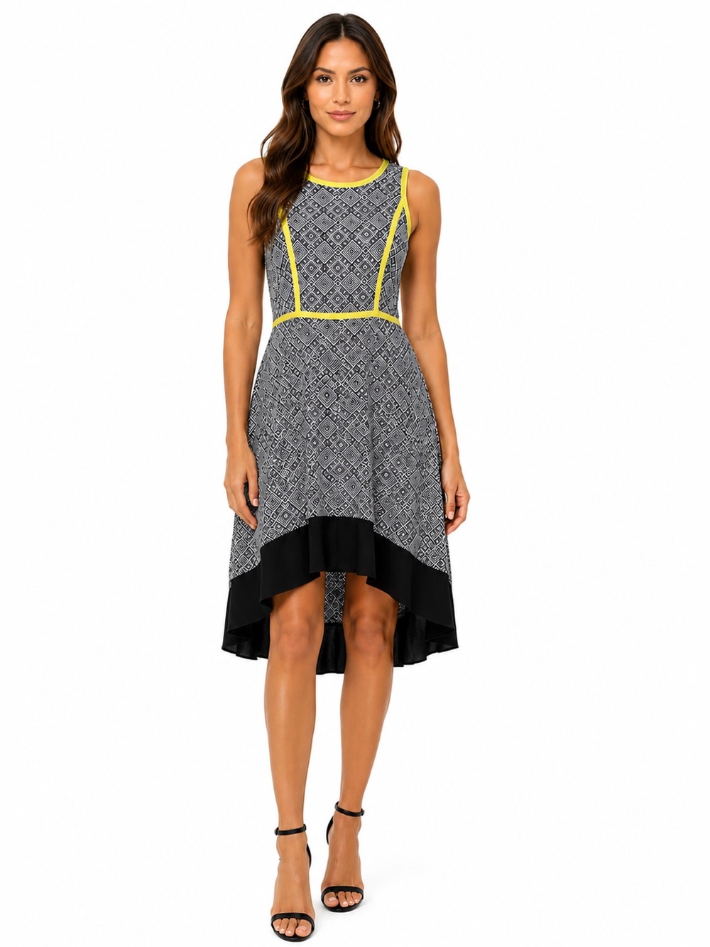 New York & Company Geometric High-Low Dress Size Small Black White Neon Yellow